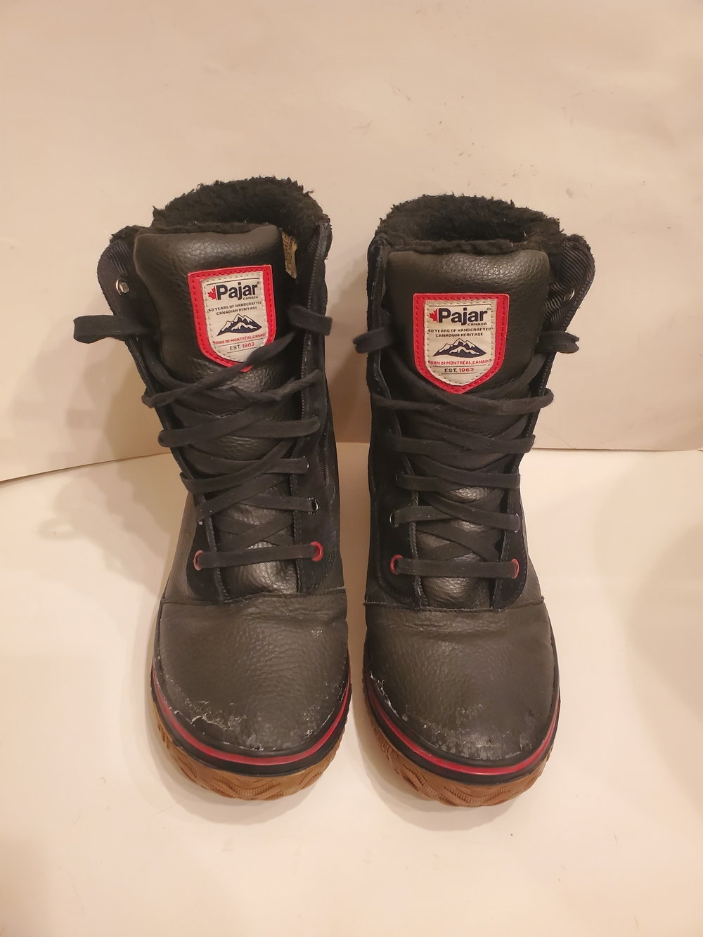 Pajar Black Leather Lace-Up Boots with Red Accent